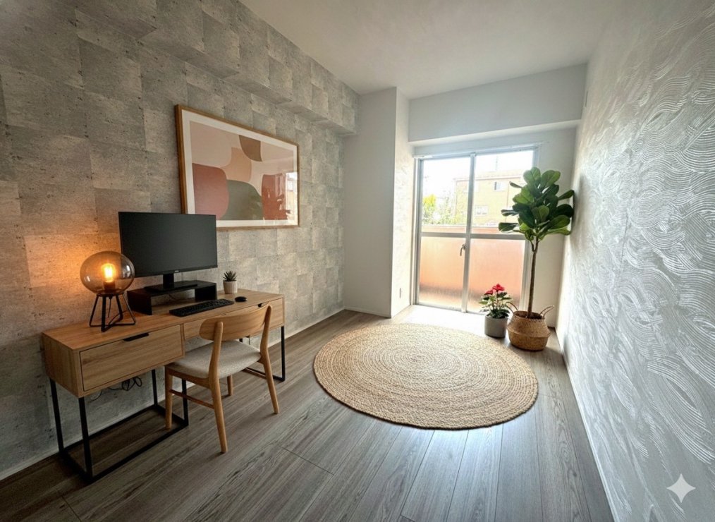 現況の物件写真に、CG による画像処理を行っています。家具、家電、照明器具、小物、カーテン、その他のイメージはCG です。本物件には付帯しません。