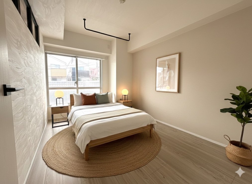 現況の物件写真に、CG による画像処理を行っています。家具、家電、照明器具、小物、カーテン、その他のイメージはCG です。本物件には付帯しません。