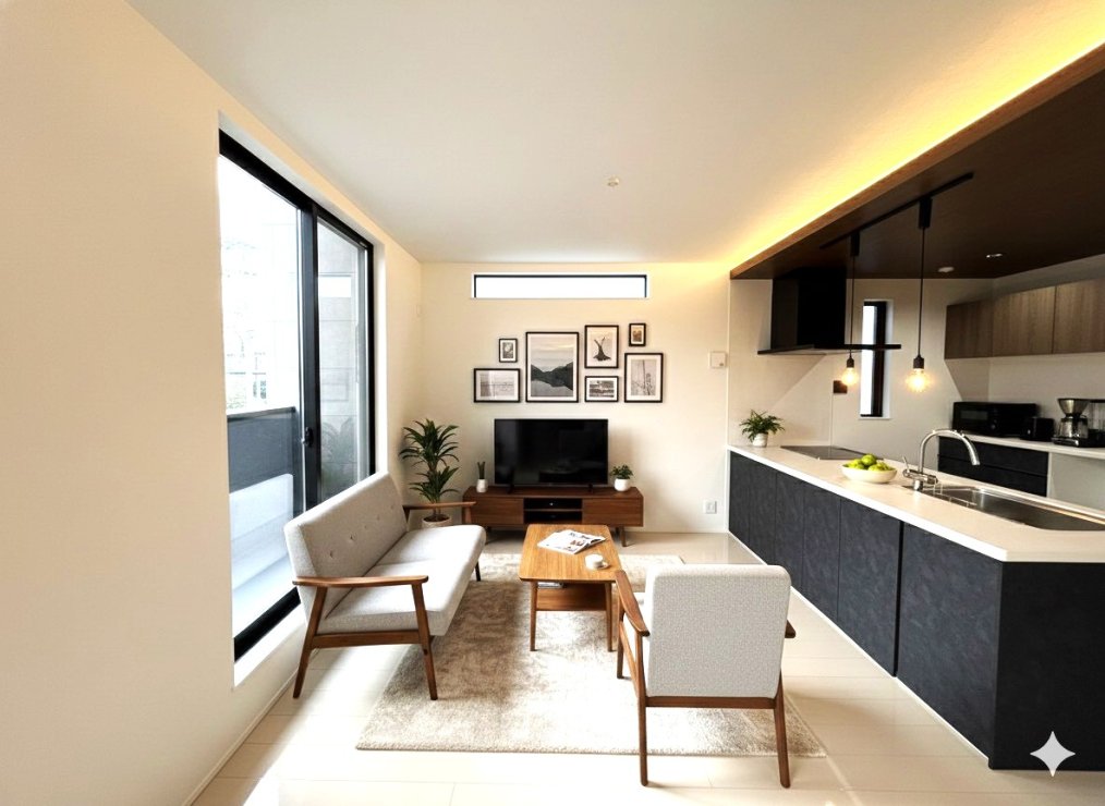 現況の物件写真に、CG による画像処理を行っています。家具、家電、照明器具、小物、カーテン、その他のイメージはCG です。本物件には付帯しません。